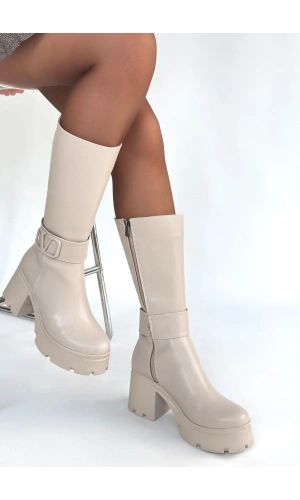 Moki Bej Cilt Topuklu Çizme