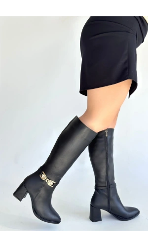 Mooni Siyah Cilt Topuklu Çizme