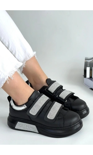 Nino Siyah Cilt Simli Cırt Cırtlı Spor Ayakkabı