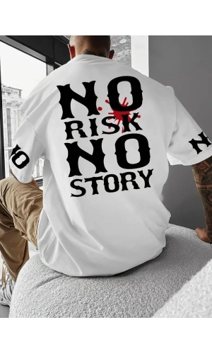 No Risk No Story Baskılı Oversize Bisiklet Yaka T-shirt - Beyaz