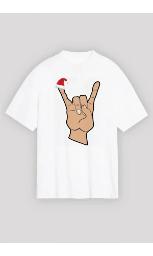 Noel Başlıklı Serçe Parmak T-shirt - Beyaz