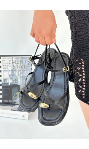 Nordi Siyah Cilt Kemerli Sandalet