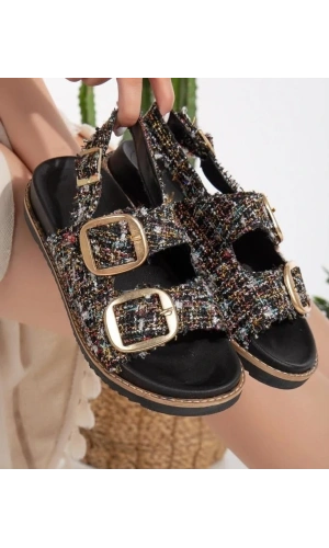 Olira Siyah Simli Kemerli Sandalet