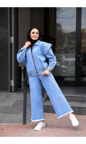 Omuz Detaylı  Kot Ceket Açık Mavi