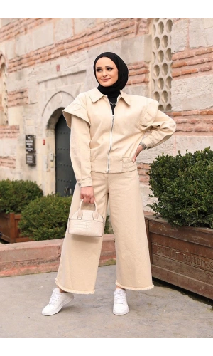 Omuz Detaylı  Kot Ceket Bej