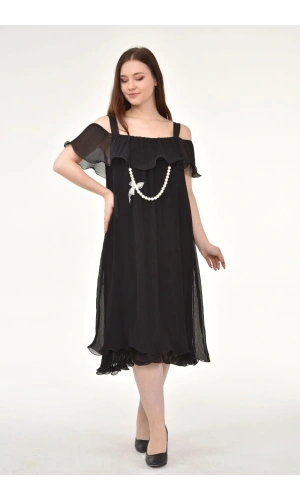 Omzu Açık Askılı Siyah Elbise Mc9412