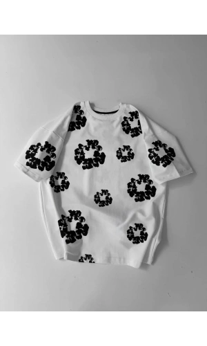 Ön ve Arka Baskılı Oversize Bisiklet Yaka T-shirt- Beyaz