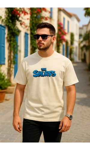 Ön Ve Arka Baskılı Oversize Bisiklet Yaka T-shirt- Beyaz