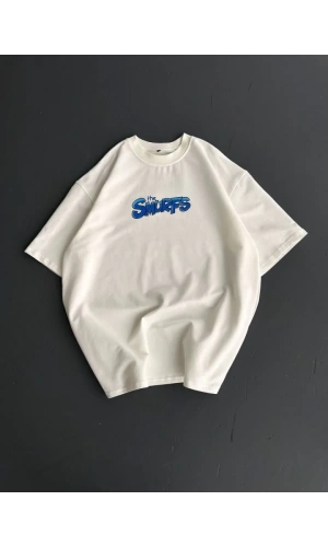 Ön Ve Arka Baskılı Oversize Bisiklet Yaka T-shirt- Beyaz