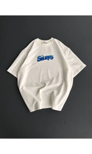 Ön ve Arka Baskılı Oversize Bisiklet Yaka T-shirt- Beyaz