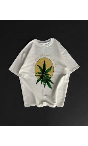 Ön ve Arka Baskılı Oversize Bisiklet Yaka T-shirt- Beyaz