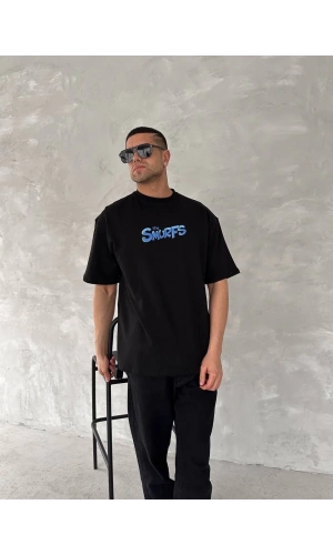 Ön ve Arka Baskılı Oversize Bisiklet Yaka T-shirt- Siyah