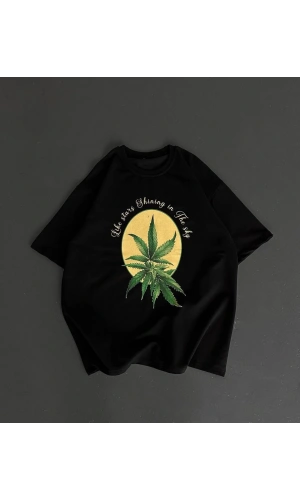 Ön ve Arka Baskılı Oversize Bisiklet Yaka T-shirt- Siyah