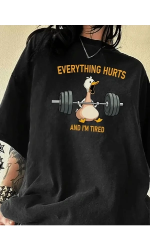 Ördek Baskılı ve Yuvarlak Yakalı Kadın Günlük Büyük Boy Siyah Tişört. - Siyah