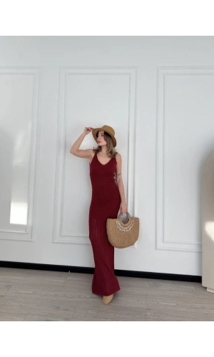 Örgülü Uzun Triko Elbise - Bordo