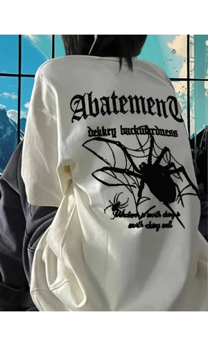 Örümcek Ağı Desenli Baskılı Oversize Bisiklet Yaka T-shirt  - Beyaz