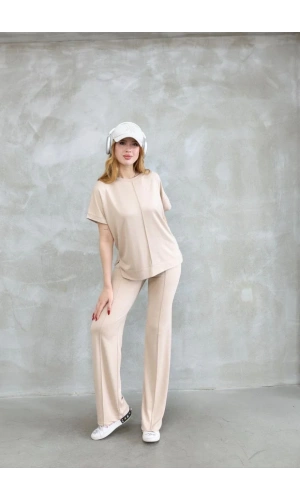Osy Modal Yumuşak dokulu Kumaş Bisiklet Yaka Kısa Kollu Takım - Bej