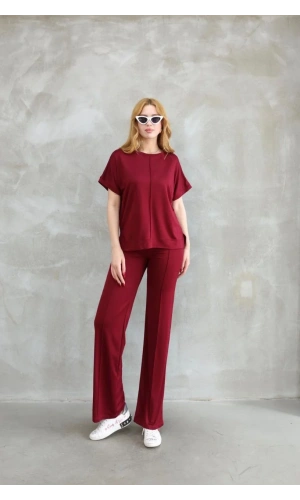 Osy Modal Yumuşak dokulu Kumaş Bisiklet Yaka Kısa Kollu Takım - Bordo