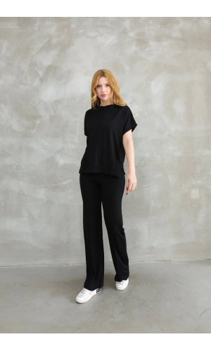 Osy Modal Yumuşak dokulu Kumaş Bisiklet Yaka Kısa Kollu Takım - Siyah