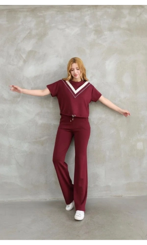 Osy Modal Yumuşak dokulu Kumaş Bisiklet Yaka Parçalı detaylı Kısa Kollu Takım - Bordo