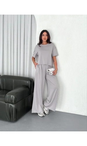 Osy Modal Yumuşak Dokulu Kumaş Bisiklet Yaka T-shirt  Bol Paça Pantalon Ikili Takım - Boyalı Gri