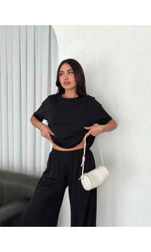 Osy Modal Yumuşak Dokulu Kumaş Bisiklet Yaka T-shirt Bol paça Pantalon ikili Takım -Siyah