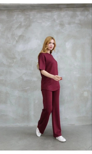 Osy Modal Yumuşak dokulu Kumaş Bisiklet Yaka Taş detaylı Kısa Kollu Takım - Bordo