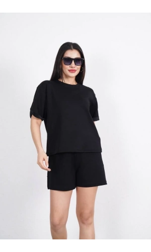 Osy Modal yumuşak dokulu Kumaş Kadın Bisiklet Yaka T-shirt Kısa Şort İkili Takım - Siyah