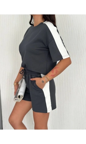 Osy Modal yumuşak dokulu Kumaş Kadın Parçalı Bisiklet Yaka T-shirt Kısa Şort İkili Takım - Antrasit