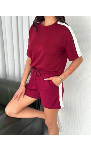 Osy Modal yumuşak dokulu Kumaş Kadın Parçalı Bisiklet Yaka T-shirt Kısa Şort İkili Takım - Bordo
