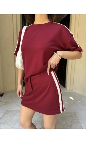 Osy Modal yumuşak dokulu Kumaş Kadın Parçalı Bisiklet Yaka T-shirt Mini Şortlu Etek İkili Takım -Bordo