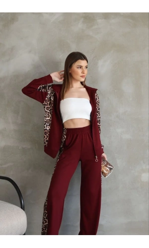 Osy Modal Yumuşak Dokulu Kumaş Kapüşonlu Leopar Desenli Fermuarlı Takım - Bordo