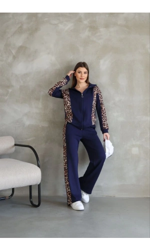 Osy Modal Yumuşak Dokulu Kumaş Kapüşonlu Leopar Desenli Fermuarlı Takım - Lacivert