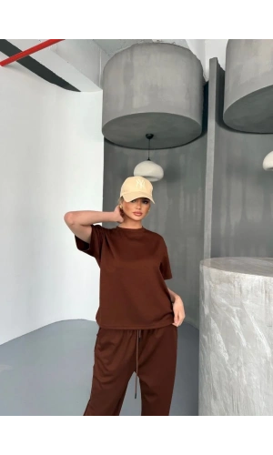 Osy Modal Yumuşak Dokulu Kumaş Kısa Kollu Bluz Rahat Pantalon ikili Takım- Kahverengi