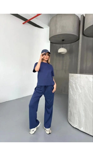 Osy Modal Yumuşak Dokulu Kumaş Kısa Kollu Bluz Rahat Pantalon ikili Takım- Lacivert