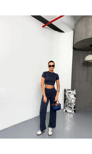 Osy Modal Yumuşak Dokulu Kumaş Kısa Kollu Crop Alt Ispanyol Paça Pantalon Ikili Takım - Füme