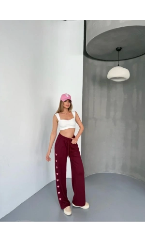 Osy Modal Yumuşak Dokulu Kumaş Nakış işlemeli Rahat Bol Paça Eşofman Pantalon - Bordo