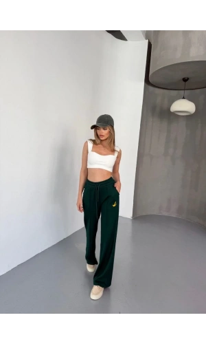 Osy Modal Yumuşak Dokulu Kumaş Nakış işlemeli Rahat Bol Paça Eşofman Pantalon - Yeşil