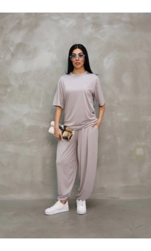 Osy Modal Yumuşak Dokulu Kumaş Oversize Bisiklet Yaka T-shirt Jogger Eşofman Altı Eşofman Takımı - Gri