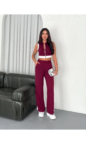 Osy Modal Yumuşak Dokulu Kumaş Tam Fermuarlı Crop Pantalon İkili Takım - Bordo