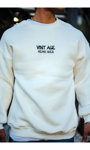 Oversize Bisiklet Yaka Üç İplik Baskılı SweatShirt - Beyaz