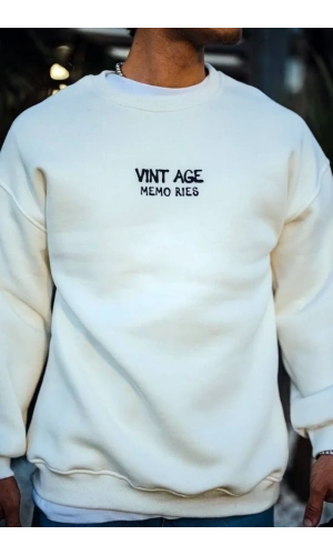 Oversize Bisiklet Yaka Üç İplik Baskılı SweatShirt - Beyaz