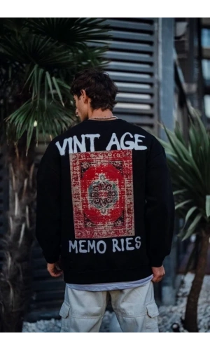 Oversize Bisiklet Yaka Üç İplik Baskılı SweatShirt - Siyah