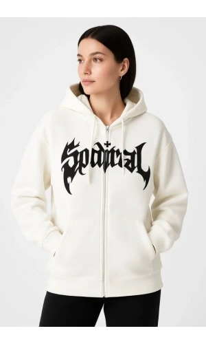 Oversize Kapüşonlu Sweatshirt Hoodie 3 İplik Şardonlu Pamuklu Kumaş, Önü Baskılı, Fermuarlı Rahat Kalıp, Kışlık Ve Sokak Stili Sweat - Beyaz