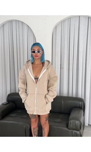 Oversize Tam Fermuarlı Uzun Kol Hırka - Bej