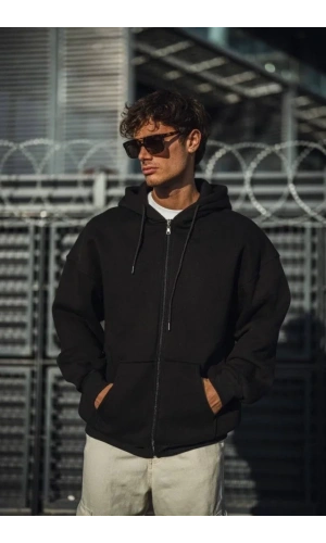 Oversize Tam Fermuarlı Uzun Kol Hırka - Siyah