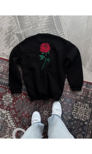 Oversize Üç İplik Bisiklet Yaka Baskılı SweatShirt - Siyah