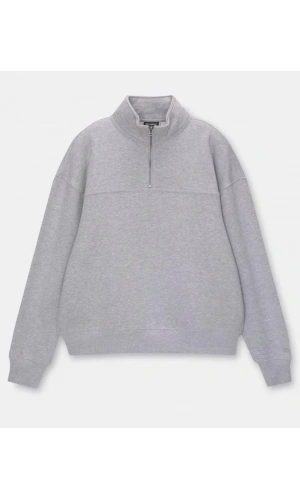 Oversize Yarım Farmuarlı Yakalı Basic SweatShirt - Gri