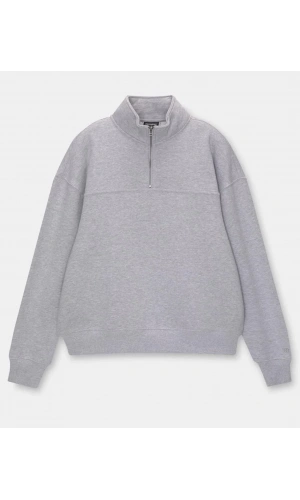 Oversize Yarım Farmuarlı Yakalı Basic SweatShirt - Gri