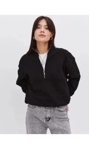Oversize Yarım Farmuarlı Yakalı Basic SweatShirt - Siyah